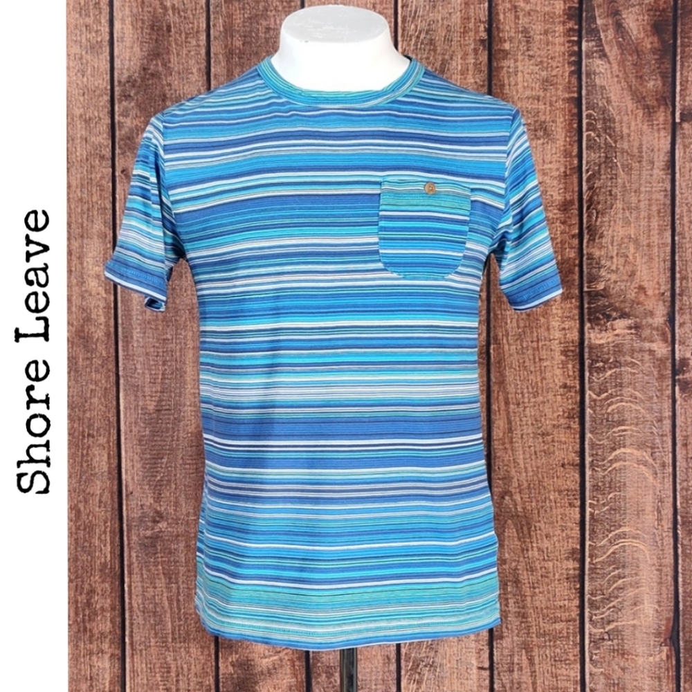 Retro Mens Striped Crew Neck Wood Button Pocket Short Sleeve T Shirt